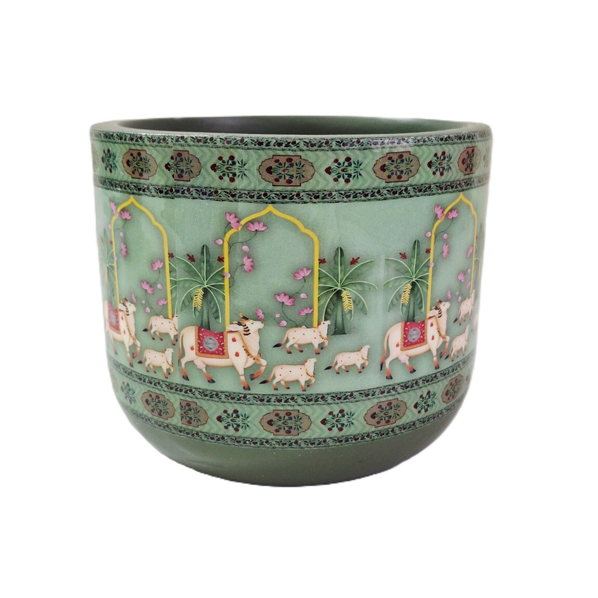 Green Coloured Cow and Plant Designed Terracotta Planter (4.5 inches)